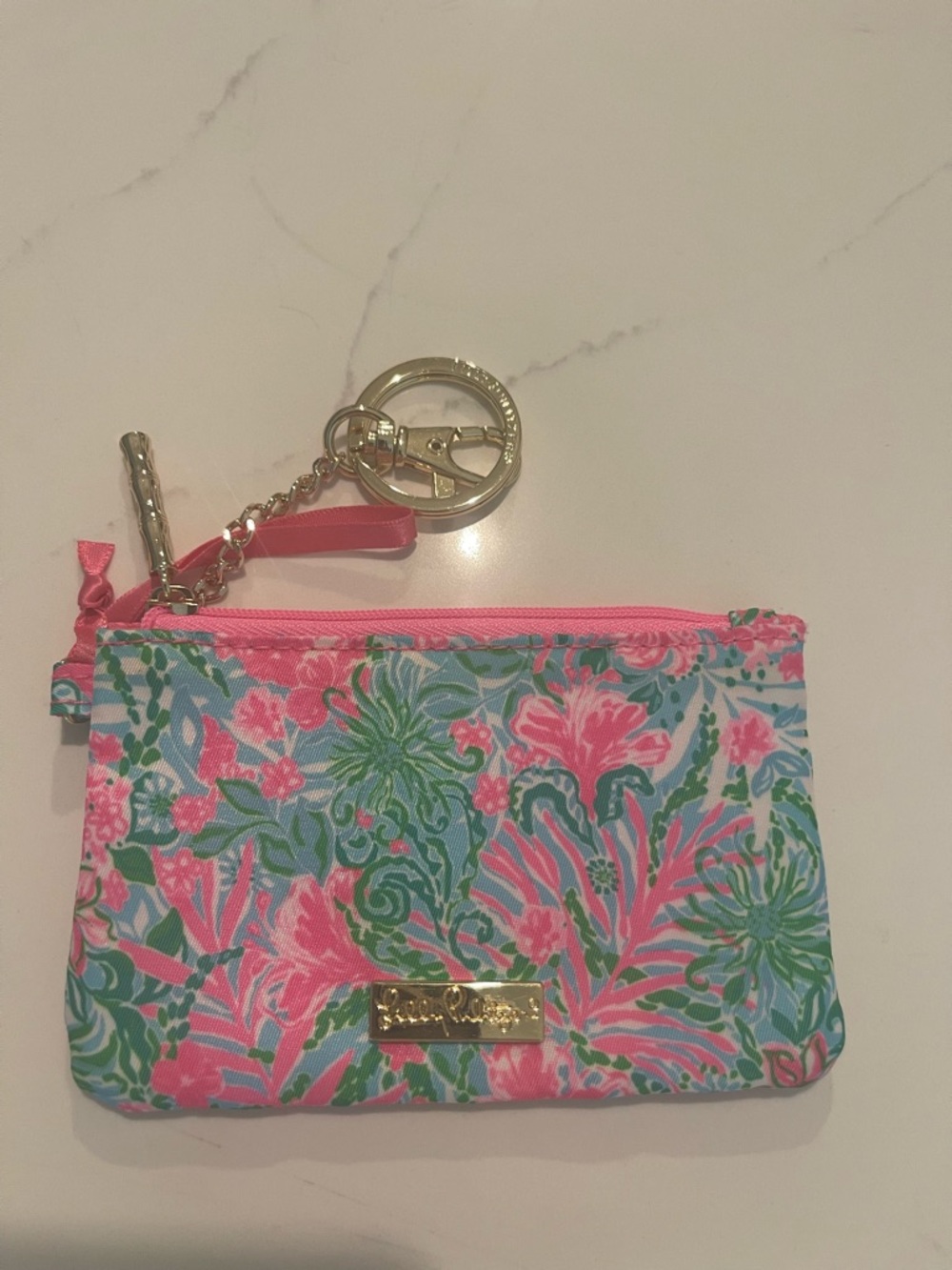 Lilly Pulitzer Pink Aqua Floral Zip Key Pouch with Gold Ring